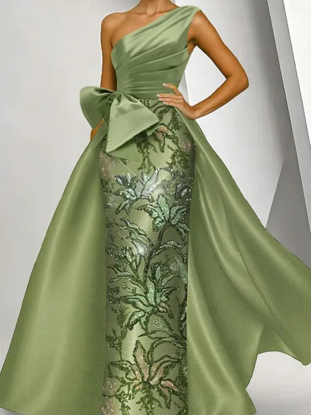 Unique Sheath One-Shoulder Rhinestone Floor-Length Satin Corset Mother of the Bride Dress