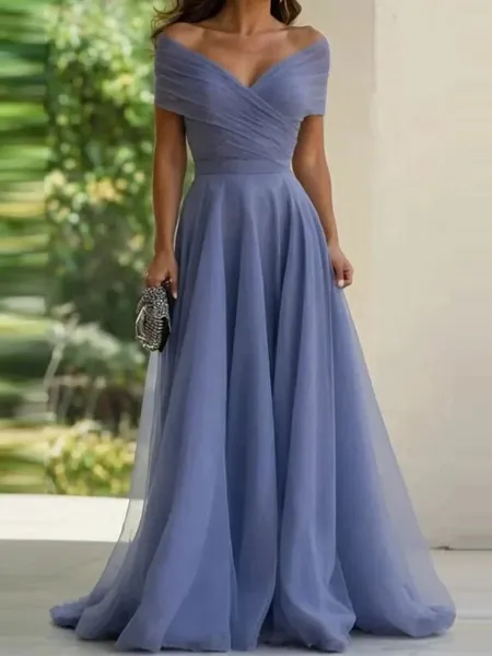 Resplendent A-Line Off-the-Shoulder Pleated Floor-Length Tulle Corset Mother of the Bride Dress