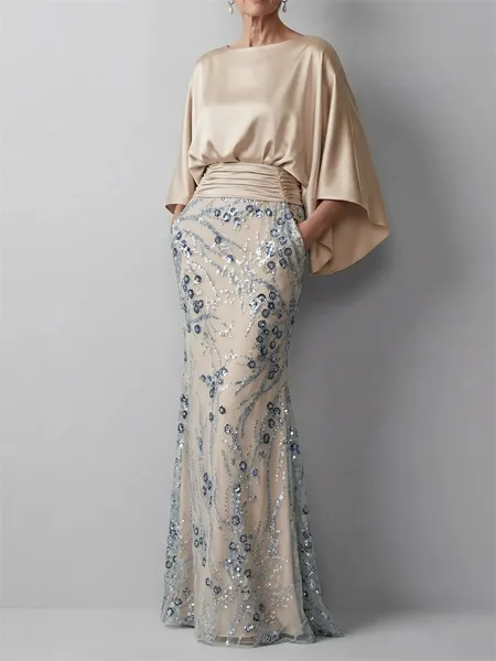Dramatic Sheath Scoop Long Sleeves Pleated Floor-Length Silk Like Satin Corset Mother of the Bride Dress