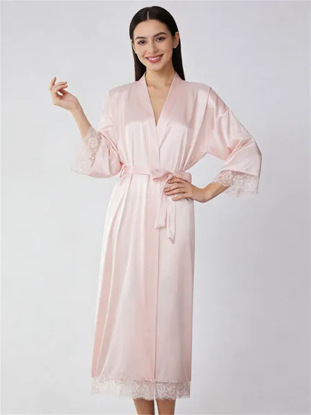 V-neck Long Sleeves Ankle-Length Lace Robe