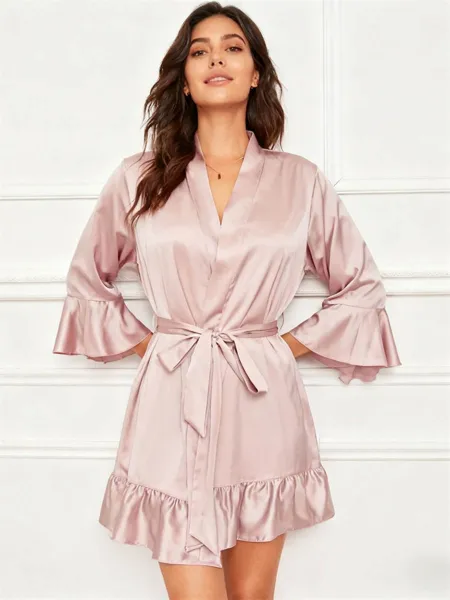 V-neck Long Sleeves Short/Mini Ruffle Robe