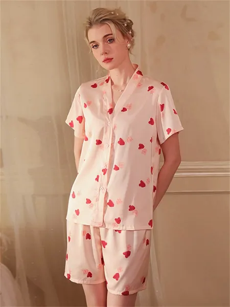 V-neck Short Sleeves Short/Mini Print 2-Piece Set
