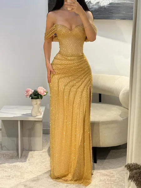 Fashion Sheath Off-the-Shoulder Sequin Floor-Length Corset Prom Dress