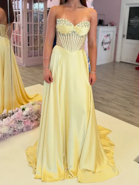 Graceful A-Line Sweetheart Beading Court Train Silk Like Satin Corset Prom Dress