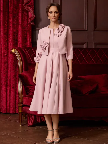 Impeccable A-Line V-Neck Pleated Tea-Length Stretch Crepe Corset Mother of the Bride Dress