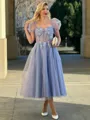A-line Princess Sweetheart Short Sleeves Lace Tea-Length Corset Dress With Appliques Lace