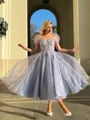 A-line Princess Sweetheart Short Sleeves Lace Tea-Length Corset Dress With Appliques Lace