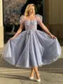 A-line Princess Sweetheart Short Sleeves Lace Tea-Length Corset Dress With Appliques Lace