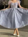 A-line Princess Sweetheart Short Sleeves Lace Tea-Length Corset Dress With Appliques Lace