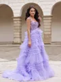 A-line Elegant V-neck Court Train Tulle Corset Dress With Appliques Lace