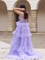 A-line Elegant V-neck Court Train Tulle Corset Dress With Appliques Lace