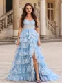 Fashion A-line Off-the-Shoulder Court Train Tulle Corset Dress With Slit