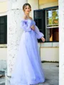 Chic A-line Spaghetti Straps Long Sleeve Court Train Tulle Corset Dress With Appliques Lace