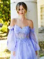 Chic A-line Spaghetti Straps Long Sleeve Court Train Tulle Corset Dress With Appliques Lace