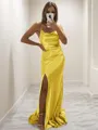 Sheath/Column Spaghetti Straps Minimalist Sleeveless Sweep Train Silk like Satin Bridesmaid Dress