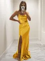Sheath/Column Spaghetti Straps Minimalist Sleeveless Sweep Train Silk like Satin Bridesmaid Dress