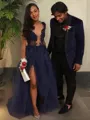 A-line Princess V-Neck Sleeveless Perfect Floor-Length Tulle Bridesmaid Dress