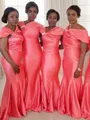 Trumpet/Mermaid Off-the-Shoulder Sleeveless Floor-Length Silk like Satin Fitted Bridesmaid Dress