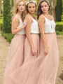 A-line Princess V-Neck Sleeveless Floor-Length Tulle Chic Bridesmaid Dress