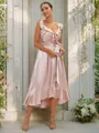 A-line V-Neck Sleeveless Tea-Length Trendy Silk like Satin Bridesmaid Dresses