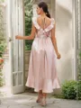 A-line V-Neck Sleeveless Tea-Length Trendy Silk like Satin Bridesmaid Dresses