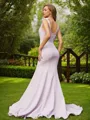 Trumpet/Mermaid V-Neck Sleeveless Sweep Train Sensual Stretch Crepe Bridesmaid Dresses