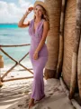 Feminine Sheath/Column V-Neck Jersey Sweep Train Bridesmaid Dress With Pleated