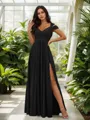 Stunning A-line Cold Shoulder Floor-Length Chiffon Bridesmaid Dress With Slit