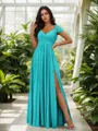 Stunning A-line Cold Shoulder Floor-Length Chiffon Bridesmaid Dress With Slit