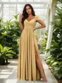 Stunning A-line Cold Shoulder Floor-Length Chiffon Bridesmaid Dress With Slit