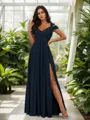 Stunning A-line Cold Shoulder Floor-Length Chiffon Bridesmaid Dress With Slit