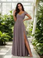 Stunning A-line Cold Shoulder Floor-Length Chiffon Bridesmaid Dress With Slit