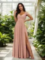 Stunning A-line Cold Shoulder Floor-Length Chiffon Bridesmaid Dress With Slit