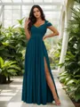 Stunning A-line Cold Shoulder Floor-Length Chiffon Bridesmaid Dress With Slit