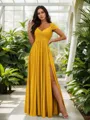 Stunning A-line Cold Shoulder Floor-Length Chiffon Bridesmaid Dress With Slit