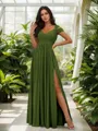 Stunning A-line Cold Shoulder Floor-Length Chiffon Bridesmaid Dress With Slit