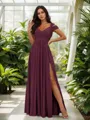Stunning A-line Cold Shoulder Floor-Length Chiffon Bridesmaid Dress With Slit