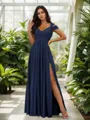 Stunning A-line Cold Shoulder Floor-Length Chiffon Bridesmaid Dress With Slit