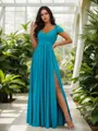 Stunning A-line Cold Shoulder Floor-Length Chiffon Bridesmaid Dress With Slit
