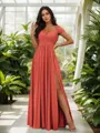 Stunning A-line Cold Shoulder Floor-Length Chiffon Bridesmaid Dress With Slit
