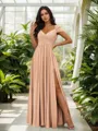 Stunning A-line Cold Shoulder Floor-Length Chiffon Bridesmaid Dress With Slit