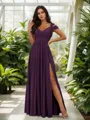 Stunning A-line Cold Shoulder Floor-Length Chiffon Bridesmaid Dress With Slit