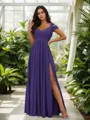 Stunning A-line Cold Shoulder Floor-Length Chiffon Bridesmaid Dress With Slit