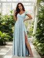 Stunning A-line Cold Shoulder Floor-Length Chiffon Bridesmaid Dress With Slit