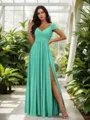 Stunning A-line Cold Shoulder Floor-Length Chiffon Bridesmaid Dress With Slit