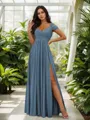 Stunning A-line Cold Shoulder Floor-Length Chiffon Bridesmaid Dress With Slit