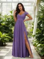 Stunning A-line Cold Shoulder Floor-Length Chiffon Bridesmaid Dress With Slit