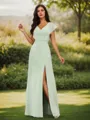 A-line Chic V-neck Short Sleeves Floor-Length Chiffon Bridesmaid Dress With Slit