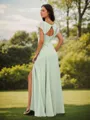 A-line Chic V-neck Short Sleeves Floor-Length Chiffon Bridesmaid Dress With Slit