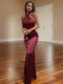 Bodycon Sheath/Column Halter Floor-Length Silk like Satin Bridesmaid Dress With Pleated